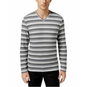 Alfani Sweater‎ Mens Small Gray White Ribbed Striped V Neck Preppy Heritage